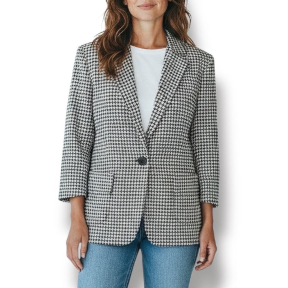 Vintage 80s Dumas Black White Houndstooth Wool Blazer USA Union Made Medium